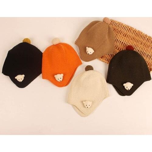 Autumn Winter Baby Hat Cartoon Bear Pompom Kids Beanies Hat For Baby Girl Boy Solid Color Outdoor Warm Newborn Bonnet Cap