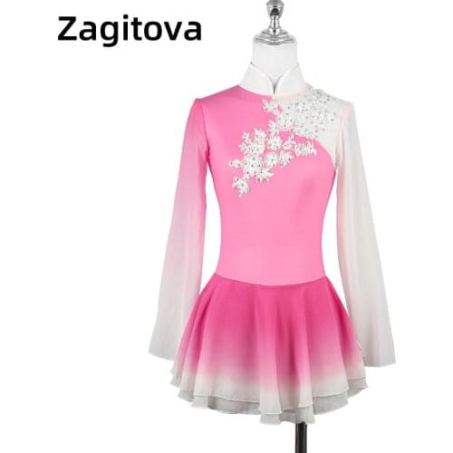 Figure Skating Dress Hanfu Ice Figure Skating Skirt Chinese Elements Beijing Opera Pink Gradient White Flower Shiny Rhinestones