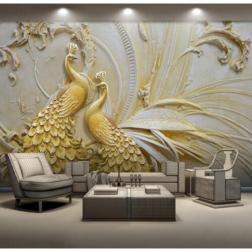 Custom Mural Wallpaper For Walls 3D Stereoscopic Embossed Golden Peacock Background Wall Painting Living Room Bedroom Home Decor