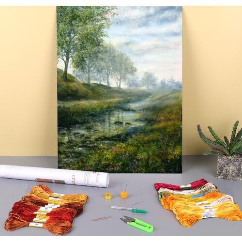 Natural Scenery Der Printed Fabric 11CT Cross Stitch DIY Embroidery Full Kit DMC Threads Handicraft work Sewing Promotions