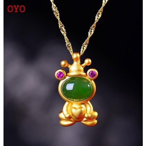 925 silver inlaid with Hetian jade pendant color manuscript white jade pendant frog prince gold plated