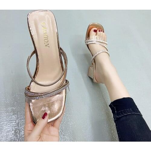 Size 34-40 Rhinestone High Heels Women Mules New Open Square Toe One Strap Women Slippers Sexy Party Nightclub Summer Slides