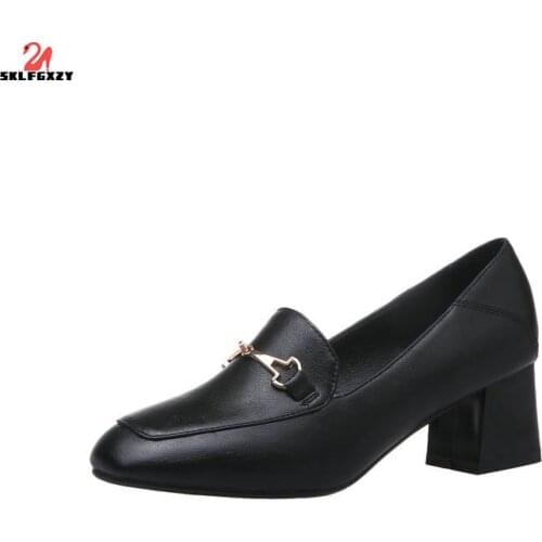 SKLFGXZY Spring Autumn European Style Women Leather Shoes Square Head High Heels Wedding Party Shoes Pumps Women Shoes