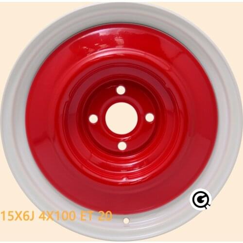 15inch steel wheel 15X6J 4 hole 4X100 offset 20 white red deep dish hella flush