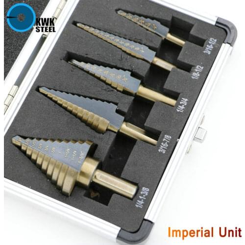 HSS Step Drill Bit Cobalt Alloy Titanium Coat Bits Triangular Round Shank Metal Multiple Inch Drilling Set Hole Cutter 5in1 Case