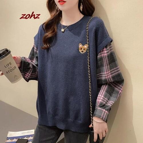 Fall Winter Women New Fake Two-pieces Knitted Sweater Loose Lazy Fashion Shirt Splicing Sleeve Embroidered Pullover Knitted Tops