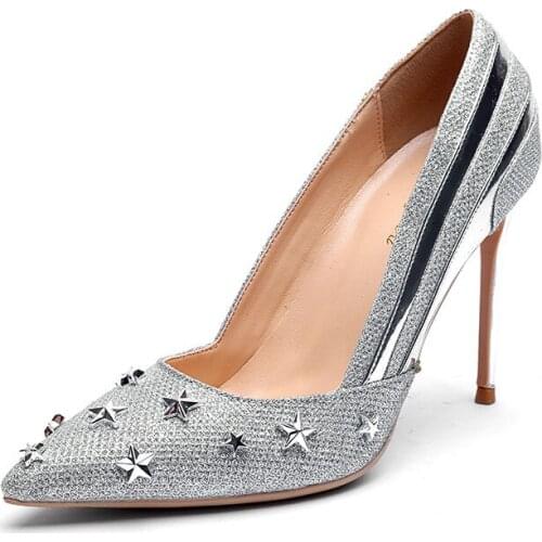 Free shipping fashion women Pumps lady gold GLITTER SPIKES Pointy toe ankle zipper high heels shoes 10cm bride Stiletto heeled