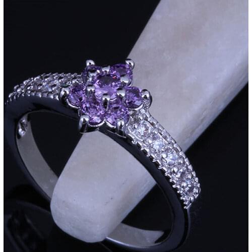 Love Monologue Exquisite Stackable Ring Minimalist Purple Crystal & Cubic Zirconia Silver Color Flower Small Rings J0223