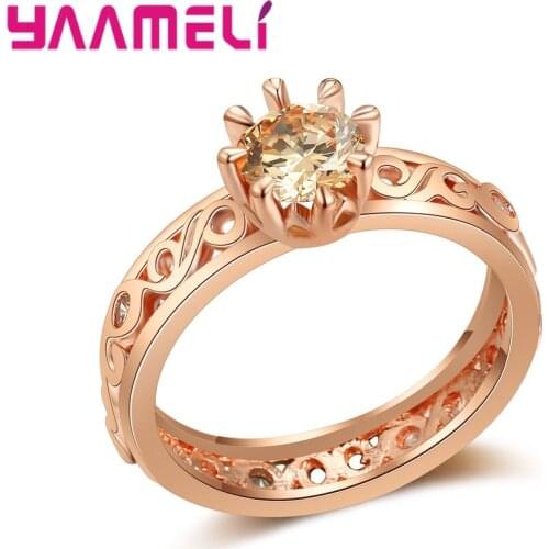 Women Rose Gold Rings Hollow Design Anniversary Proposal Clear Jewelry Birthday Party Engagement Wedding Anel