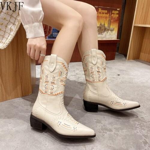 2021 Women Mid Calf Western Boots Cowboy Pointed Toe Fashion Boots Ladies Leather Motorcycle Boots Embroidery Botas Mujer