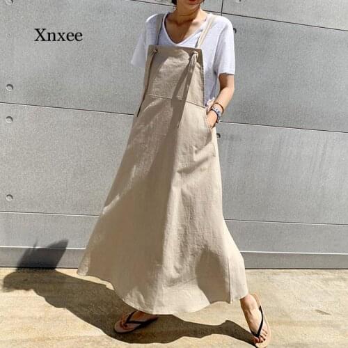 2021 Summer Casual Maxi Strap Dress Vintage Apron Womens Sundress Linen Suspender Long Overalls Female Vestidos Robe Clothing