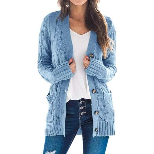 Women Knitted Cardigan Winter Solid Color Buttons Pockets Braid Knitted Sweater Coat Cardigan Long Korean Female Tops