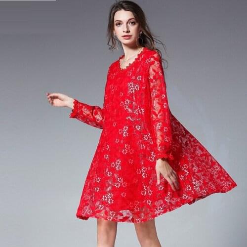 2018Spring fashion women long sleeves cute Lace Dress loose fit elegant party beautiful dress temperament vestidos XL-XXXXL 4XL