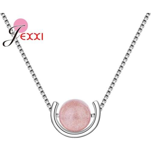 New Simple Style Planet Pendant Necklace For Women 925 Sterling Silver Jewelry Charm Romantic Present Pink Glass Beads