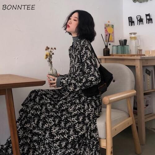 Dress Womens Long Sleeve Floral Printed Plus Size Loose Elegant Leisure Korean Style Ulzzang Vintage Retro Female Trendy Daily