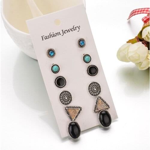 6 Pairs Vintage Geometric Round Triangle Oval Stud Earring Korean Simple Earrings Set for Women Girls Ear Jewelry Gift Wholesale