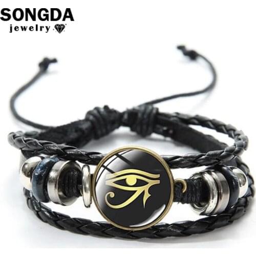 SONGDA Retro Eye of Horus Punk Multilayer Leather Bracelet Ancient Egyptian God Amulet Religion Sign Glass Charm Bracelet Unisex