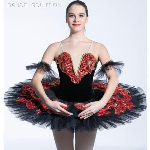 BLL086 Black Velvet Bodice with Red Applique Pre-professional Ballet Costumes Girl and Woman Stage Dancewear Ballet Pancake Tutu