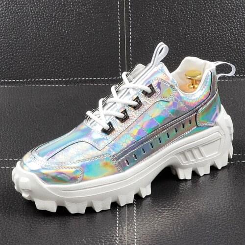 CuddlyIIPanda New Men Fashion Casual Shoes Spring Autumn Bling Patent Leather Thick Bottom Sneakers Male Youth Trending Shoes