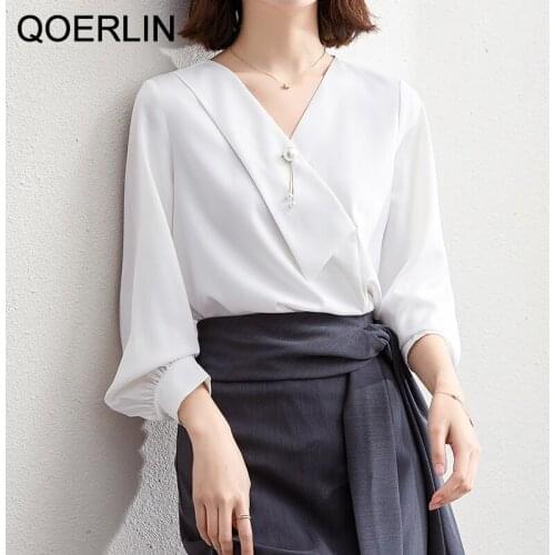 QOERLIN Elegant V Neck Shirt Womens Pearl Beaded Office Ladies Tops Spring Autumn Fashion Solid Purple White Blouse Long Sleeve