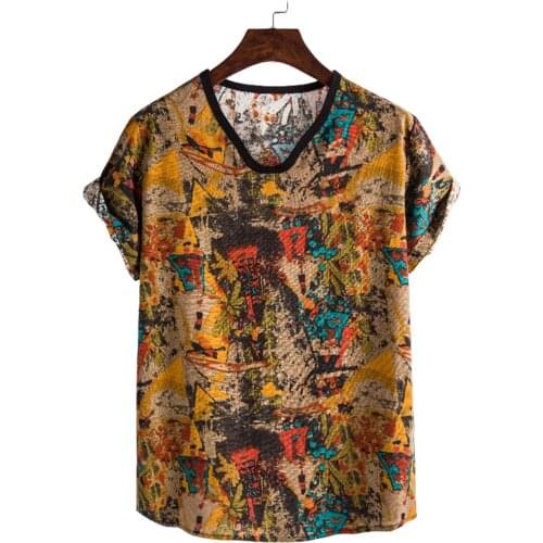 Summer Mens Short Sleeve T-shirt Ethnic Linen Printed V-neck Vintage T Shirt For Men Casual Beach Tee Shirt Femme