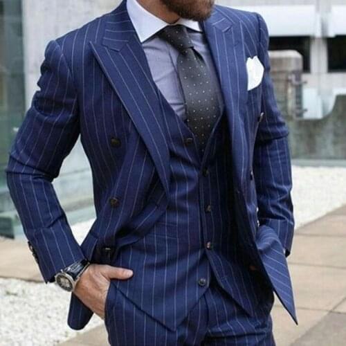 Tailor Made Fashion High Quality Blue Stripes Suits Men Slim Fit Groom Tuxedo For Wedding Dress Travel Party Sets (Jacket+Pants)