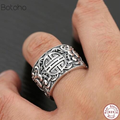 Solid Genuine Silver colour 925 Ethnic Style Ring For Men women Big Wide Rings 3D Clear Engraved Open Ring Vintage Male Jewelry