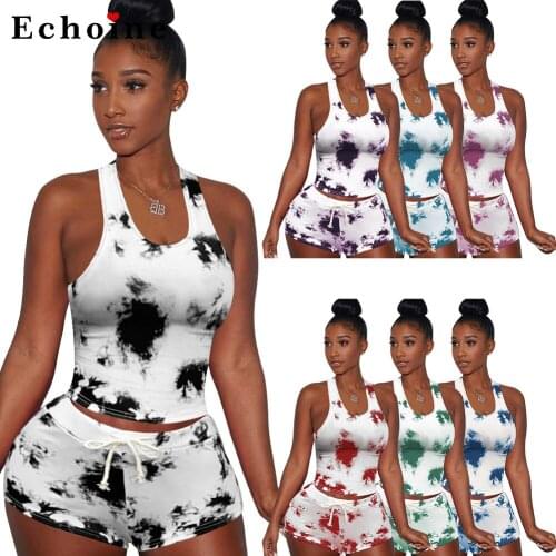 Tie-Dye Printed Two Piece Set Womens Casual Sports Suit Vest Tops Sleeveless Casual Lounge Wear Jogger Shorts Fitness Tracksuit