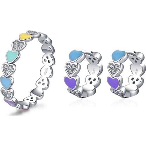 Genuine 925 Sterling Silver Rainbow Heart Jewelry Sets Dainty Zircon Stackable Ring and Small Hoop Earrings for Women Girls