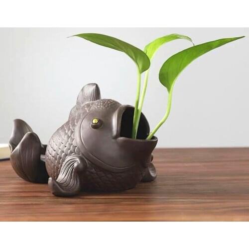 Creative Hydroponic Vase Purple Clay Flower Pot Fish Shape Scindapsus Container Office Desktop Bonsai Ornament Home Decor Craft