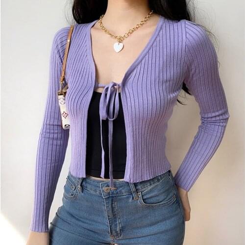 Summer New 2021 Fashion Bow Sexy Cardigans Women Top Hot Purple Knitting Womens Girl Female Sweater V Neck SQVJ
