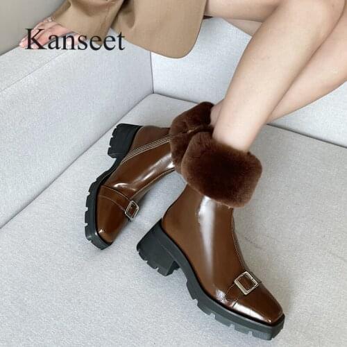 Kanseet Square Toe Winter New Warm Fur Women Ankle Boots Belt Buckle Genuine Leather Handmade High Heel Zip Short Boots For Lady
