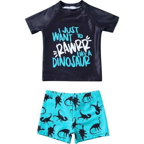 2-7 Years Kids Boys Swimwear Cute Two Piece Split Swimsuit Letter Printed Short Sleeve Tops Cartoon Dinosaur Shorts Beachwear