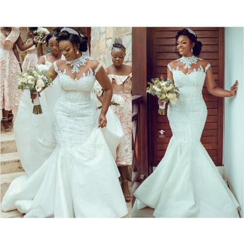 Plus Size Arabic Luxurious Lace Beaded Wedding Dresses Mermaid High Neck Bridal Dresses Vintage Sexy Wedding Gowns