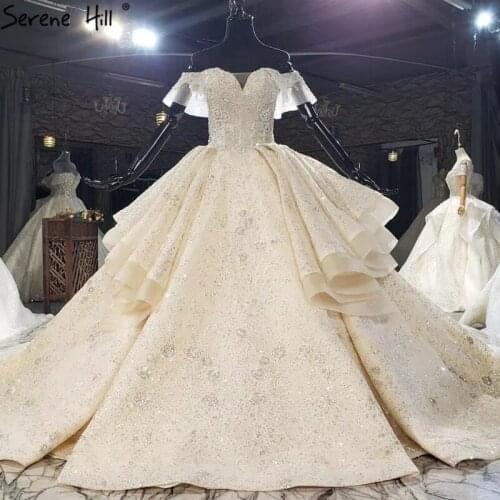 Luxury Champagne Sexy Beading Wedding Dresses 2020 Dubai Sparkle Off Shoulder Bridal Gowns DHX0199 Custom Made