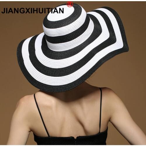 Summer stripe straw hat women big wide brim beach hat sun hat foldable sun block UV protection panama hat bone chapeu feminino