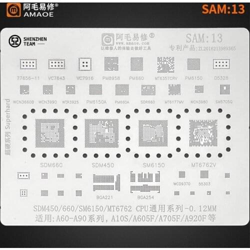 AMAOE Stencil SAM:13 SAM13 For SAMSUNG A60-A90 A610F SDM450 SM6150 CPU Reballing Stencil PM660A PM6150 WTR3925 WCN3990 MT6357CRV