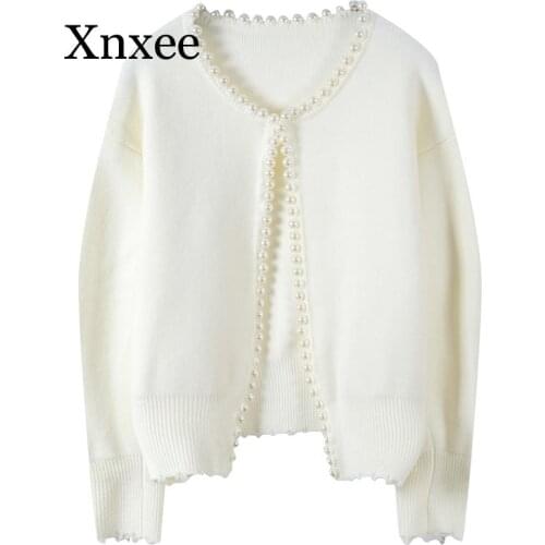 Pearl V-neck Knitted Cardigan Women Sweater Autumn Winter Long Sleeve Pearl Beading Top Female Sweater Ladies Outwear Coat