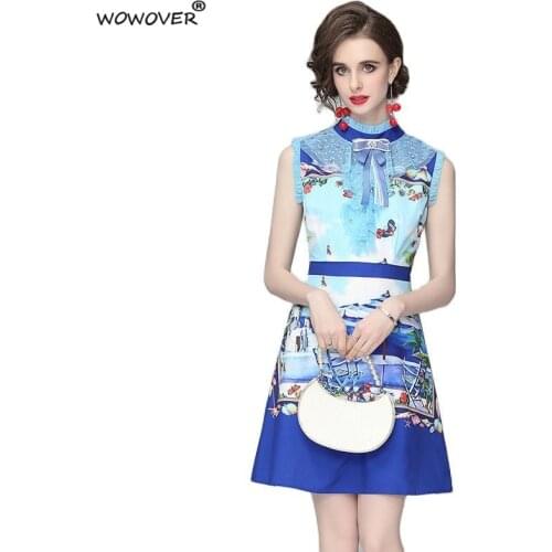 Elegant Woman Clothes for Summer 2021 Fashion Runway Beading Bowknot Ruffled Collar Sleeveless Print Dress Casual Party Robe