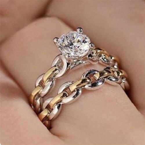 2pcs / Set Punk Chain Womens Wedding Ring 2021 Fashion Crystal Couple Ring Steampunk Engagement Jewelry Accessories Gift
