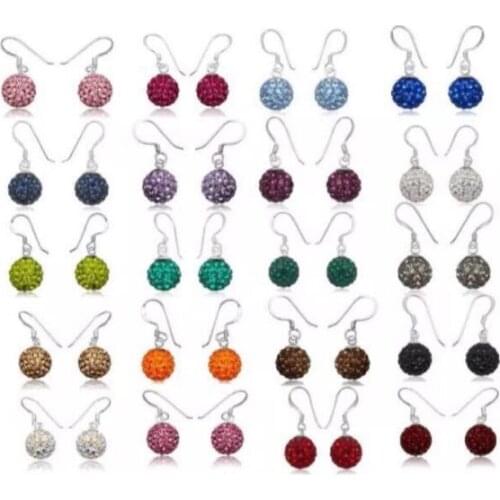 30pair/lot silver plated 10mm women micro pave disco ball bead mixed white multicolor Crystal Beads drop earrings y356
