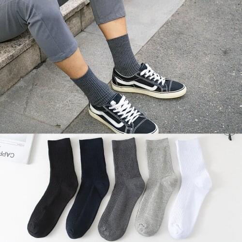 5Pairs/lot High Quality New Mens Socks Cotton Wild Solid Color Double Needle Long Black White Socks Male Business