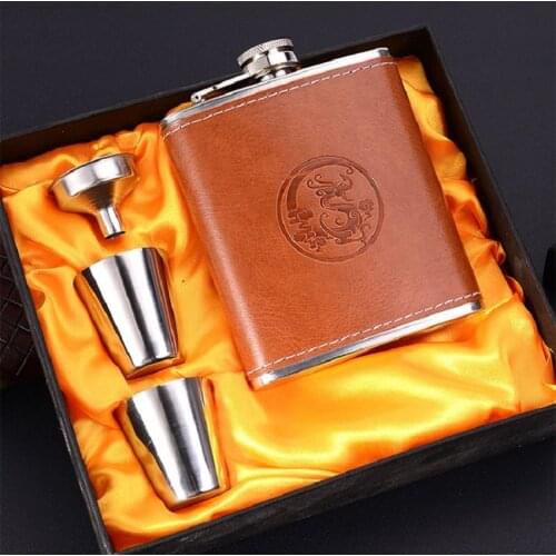 7OZ hip flask MINI liquor Bottle Gift box Stainless steel wine pot Leather surface portable whiskey Bottle birthday Gift Yellow