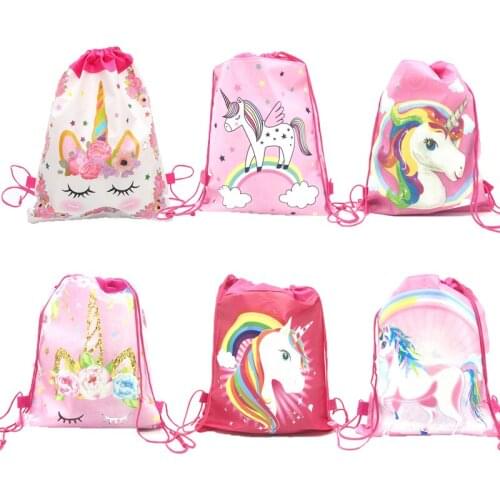 8/16/32pcs Unicorn Theme Birthday Party Non-Woven Fabric Drawstring Bags Girls Travel Storage Package Cartoon School Backpacks