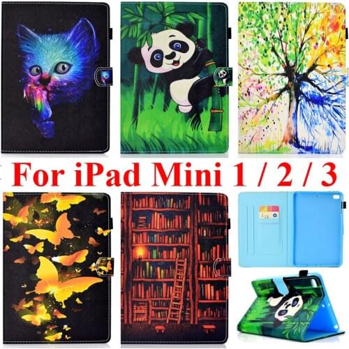 For iPad Mini 2 Cover Shell for iPad Mini 3 Mini2 Mini3 Case Protector Color Tree Gold Butterfly Cat Panda Book Shelf Printing