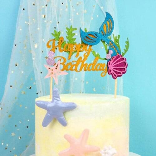 Cyuan Happy Birthday Cake Topper Mermaid Party Cupcake Toppers Kids Birthday Party Babyshower Girls Cake Decoration Supplies