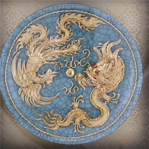 24k Gold decorative plates 10inch dragon phoenix gold-plated Ge Kiln porcelain plate Chinese art Handicrafts for wedding gift