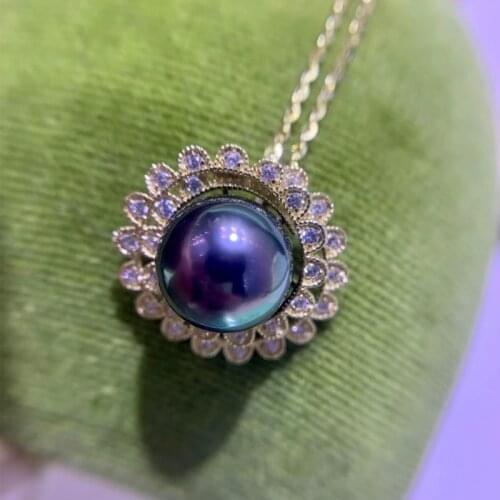 HENGSHENG New Bright 9-10mm Natural-Ocean Tahiti Malachite green Round Pearls Pendant 18k Gold Clasp Silver Chain Female Gift