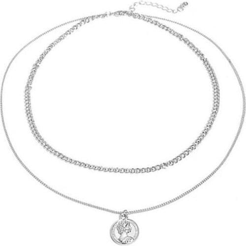 Creative Metal Double-Deck Head Portrait Coin Necklace Charm Womens Fashion Clavicle Chain Necklace European Style Jewelry Gift