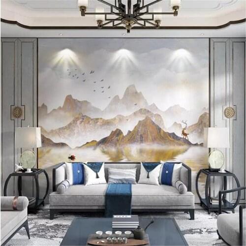 Milofi custom large wall paper new Chinese style light luxury marble golden landscape artistic background wall painting